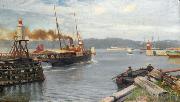 Nils Hansteen Fjordabat stevner ut Trondheim havn Spain oil painting artist
